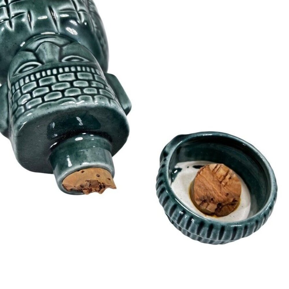 Vtg 1960 Ceramic Tiki Decanter Cork Shot Glasses Aztec Mayan Idol Green Set of 7 - Picture 6 of 16